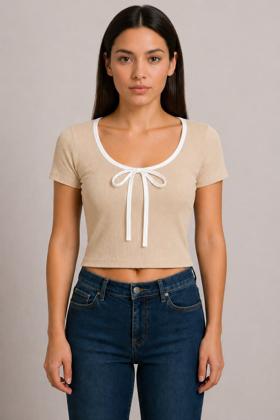 Zaliana Basic Tie Crop Top - Beige